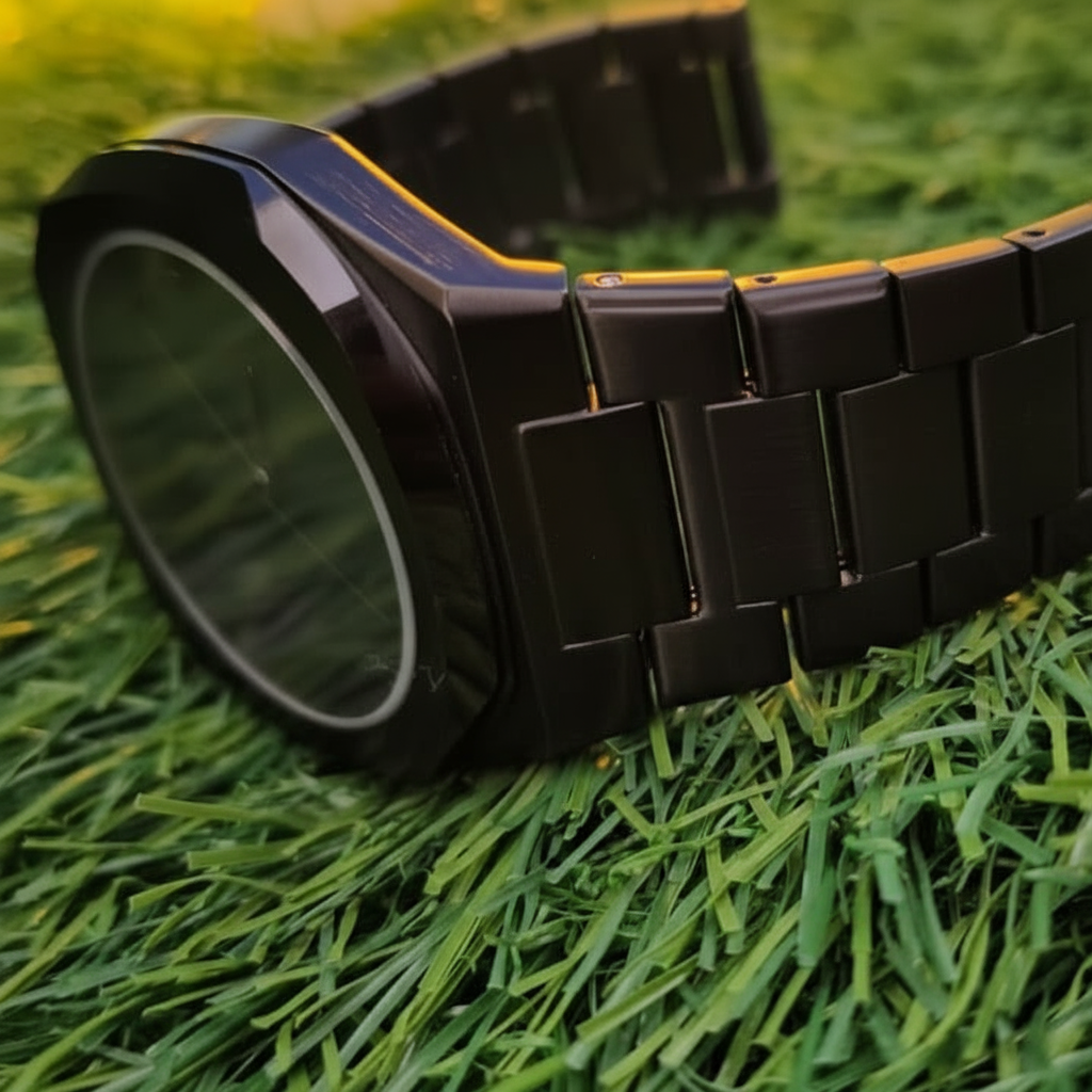 Side profile of Black Aura shining black watch