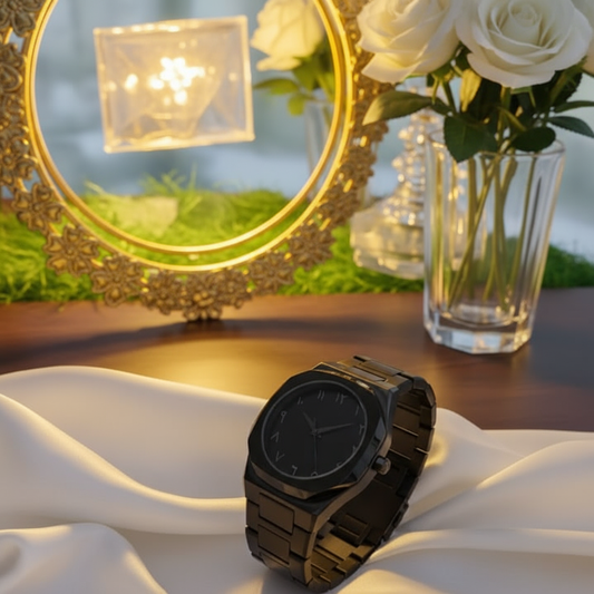 Men’s shining black wristwatch with Arabic numerals – Black Aura collection