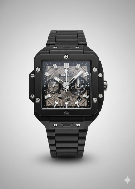 Black Hublot watch on a gray background