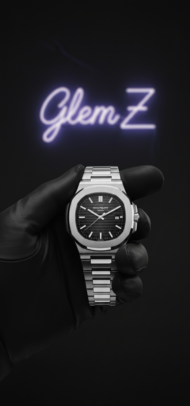 Silver watch held in a black gloved hand with 'Glem Z' neon sign in the background