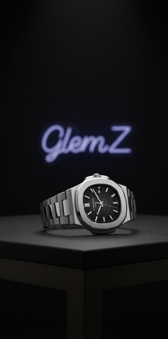 Silver watch on a dark surface with 'GlemZ' logo in the background